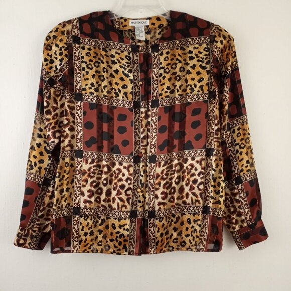 Vintage Martinique Mixed Animal Print Metallic Blouse Long Sleeve Button Front - Picture 1 of 6